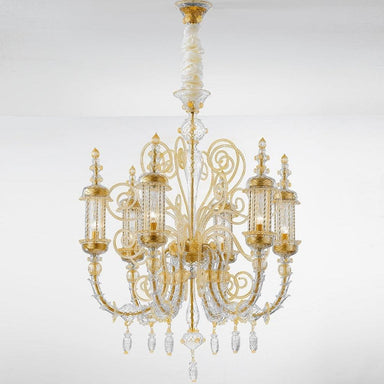 Hand-Blown Ornate Luxurious Ceiling Pendant Chandelier With Six Shades And Murano Glass