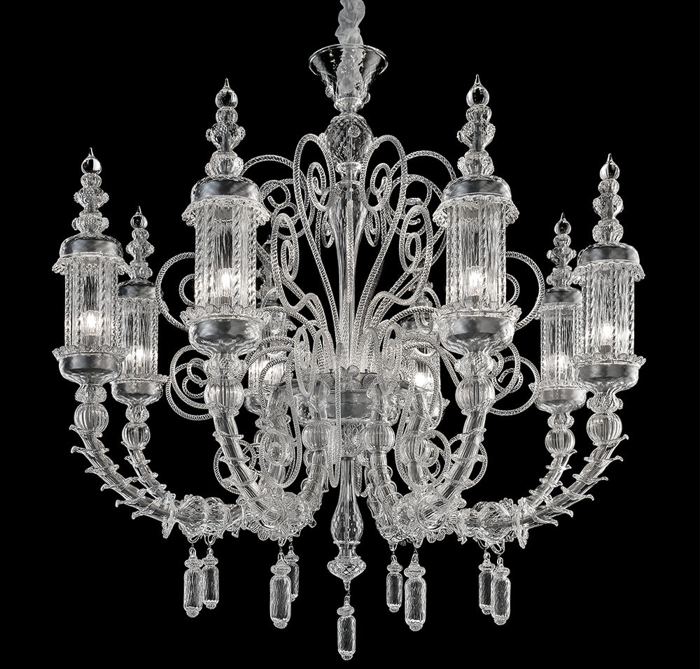 Hand-Blown Ornate Luxurious Ceiling Pendant Chandelier With Eight Shades And Murano Glass