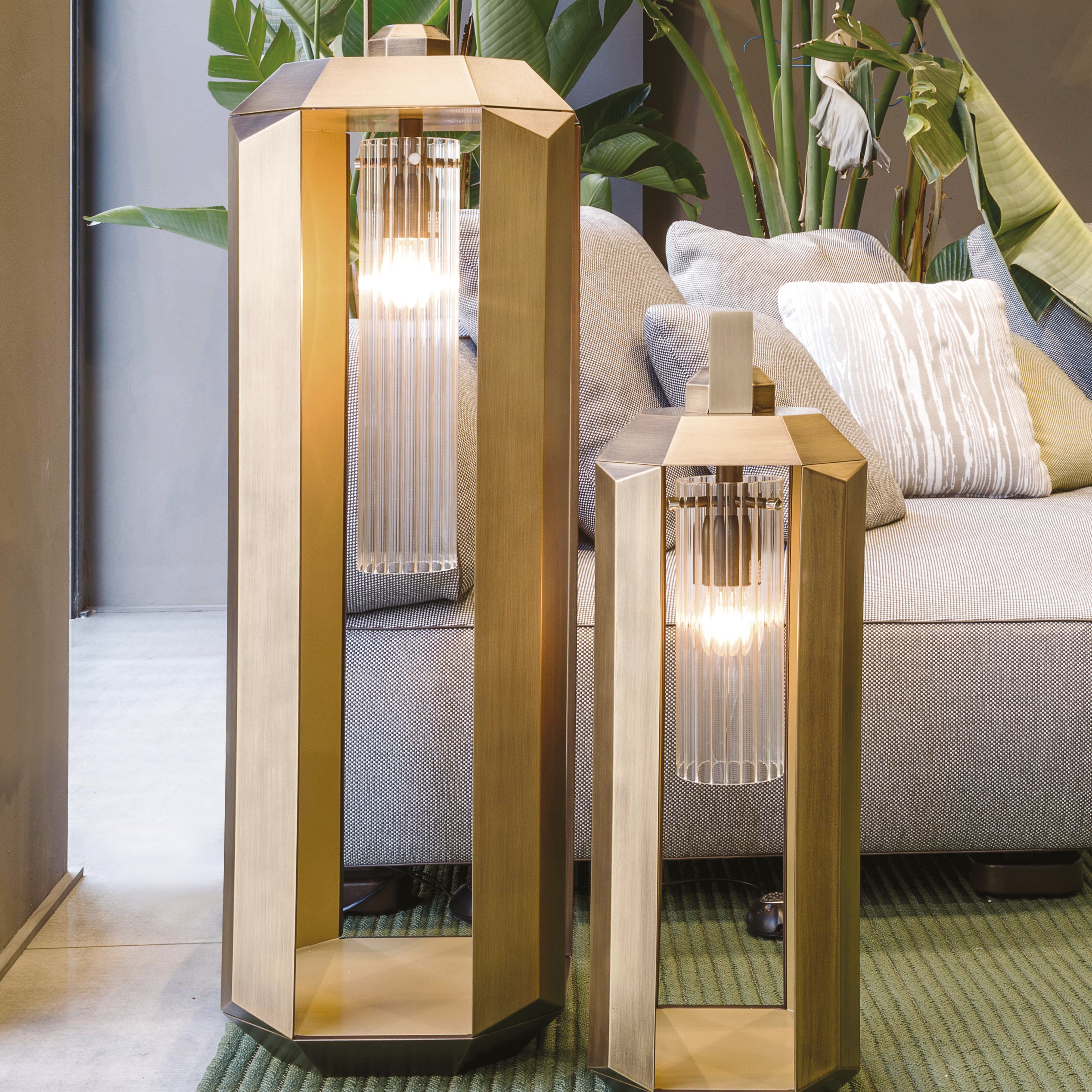 Bronze Metal Italian Floor Lantern With Gold Interior in 2 sizes
