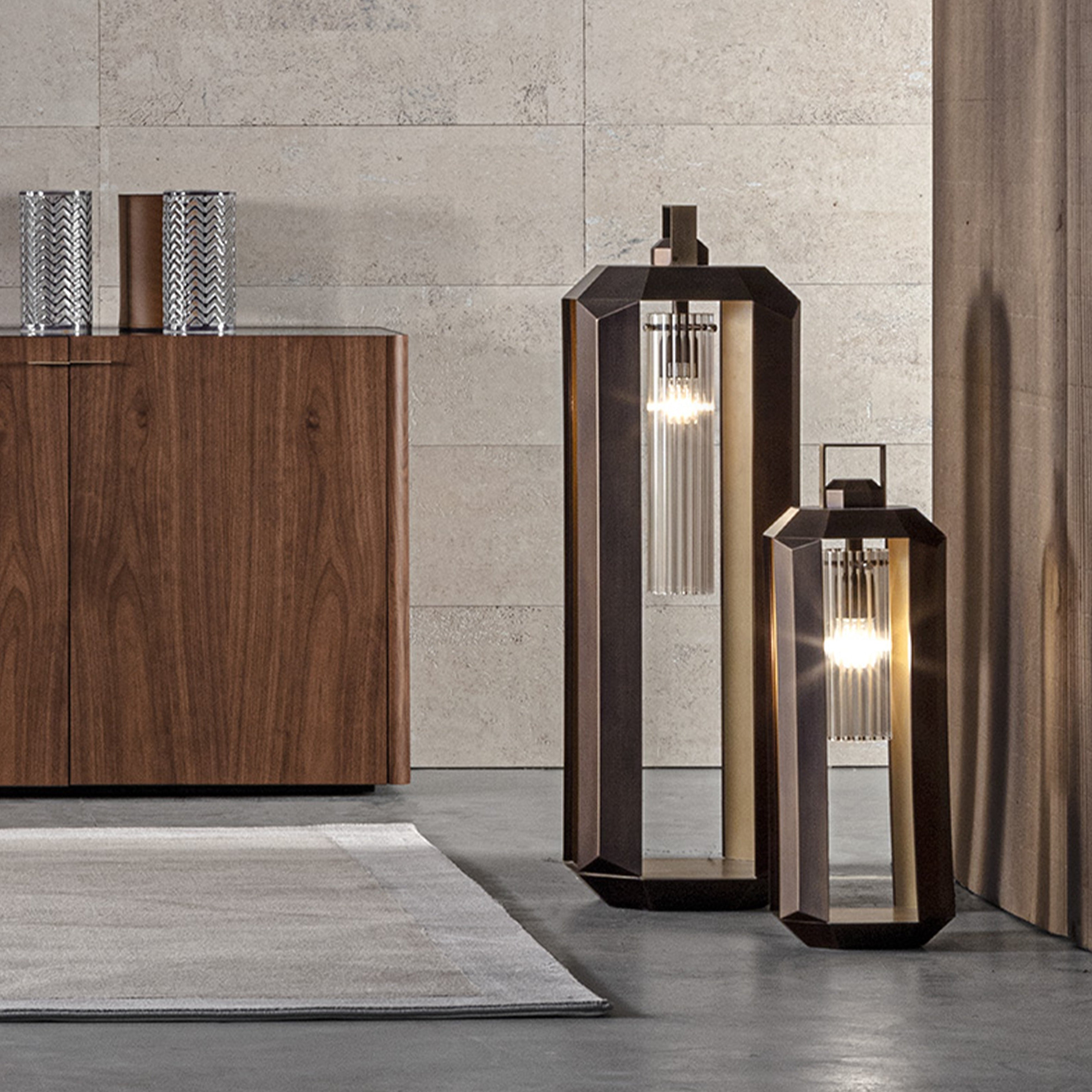 Bronze Metal Italian Floor Lantern With Gold Interior in 2 sizes