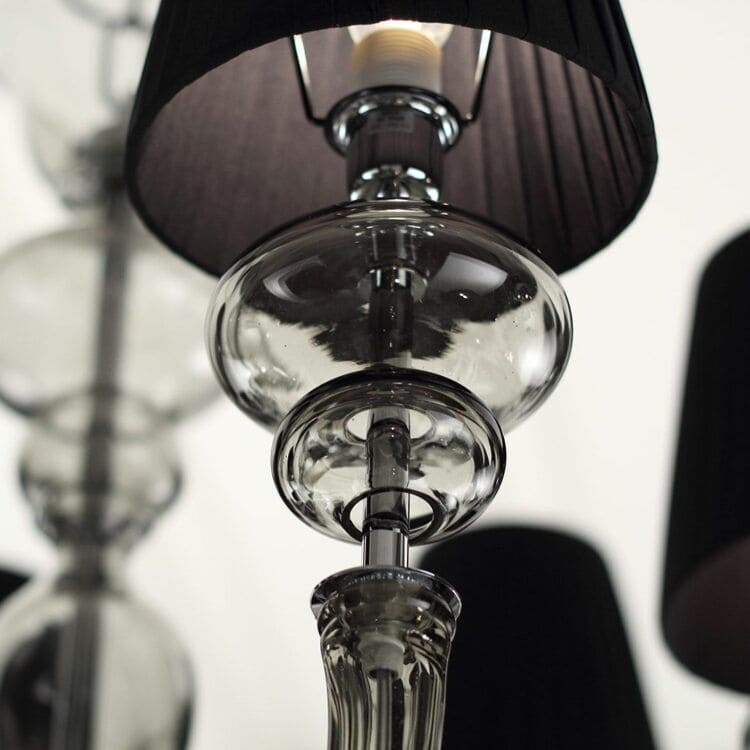 Multi Tier Smoky Grey Glass Chandelier with Black Lampshades