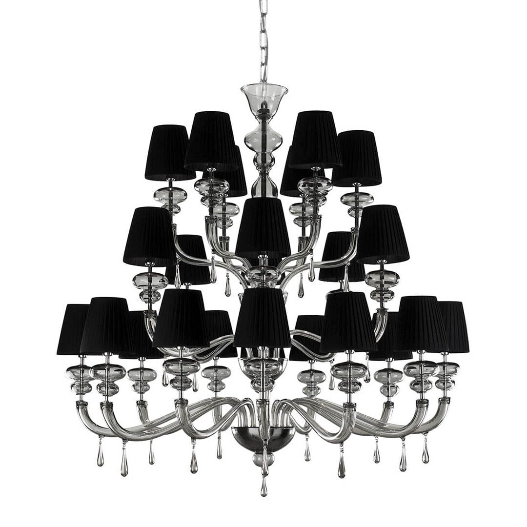 Multi Tier Smoky Grey Glass Chandelier with Black Lampshades