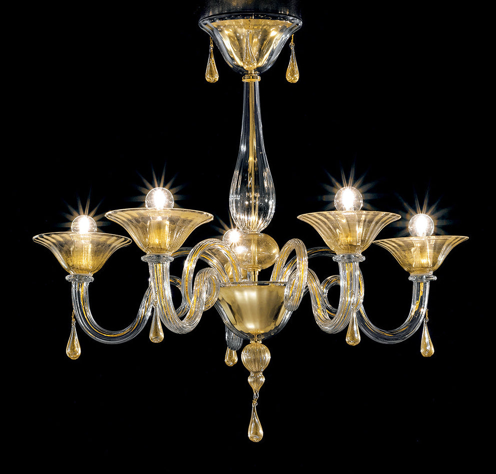 Handcrafted Contemporary Fine Italian Ceiling Pendant Chandelier With Five Shades And Murano Glass