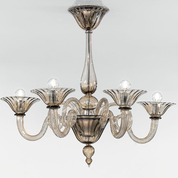 Handcrafted Contemporary Fine Italian Ceiling Pendant Chandelier With Five Shades And Murano Glass