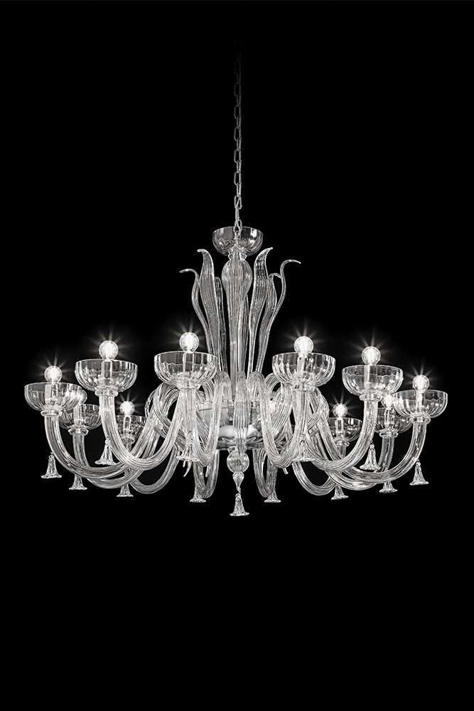 Hand-Blown Elaborate Single-Tier Fine Italian Ceiling Pendant Chandelier With Twelve Shade And Murano Glass