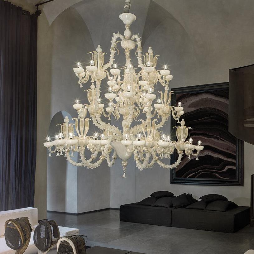 Hand-Blown Elaborate Three-Tier Fine Italian Ceiling Pendant Chandelier With 60 Shade And Murano Glass