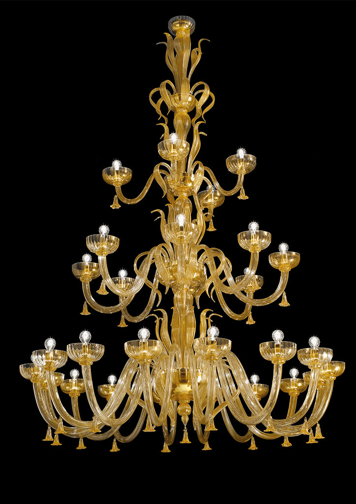 Hand-Blown Elaborate Three-Tier Fine Italian Ceiling Pendant Chandelier With 28 Shade And Murano Glass