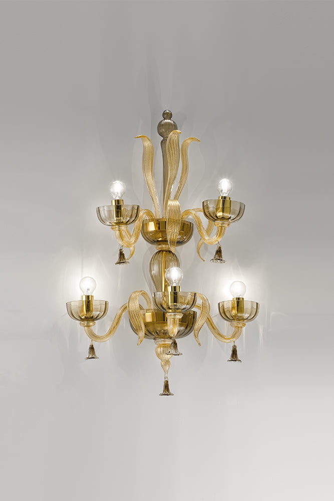 Hand-Blown Elaborate Fine Italian Ceiling Pendant Chandelier Wall Lamp With Five Shades And Murano Glass