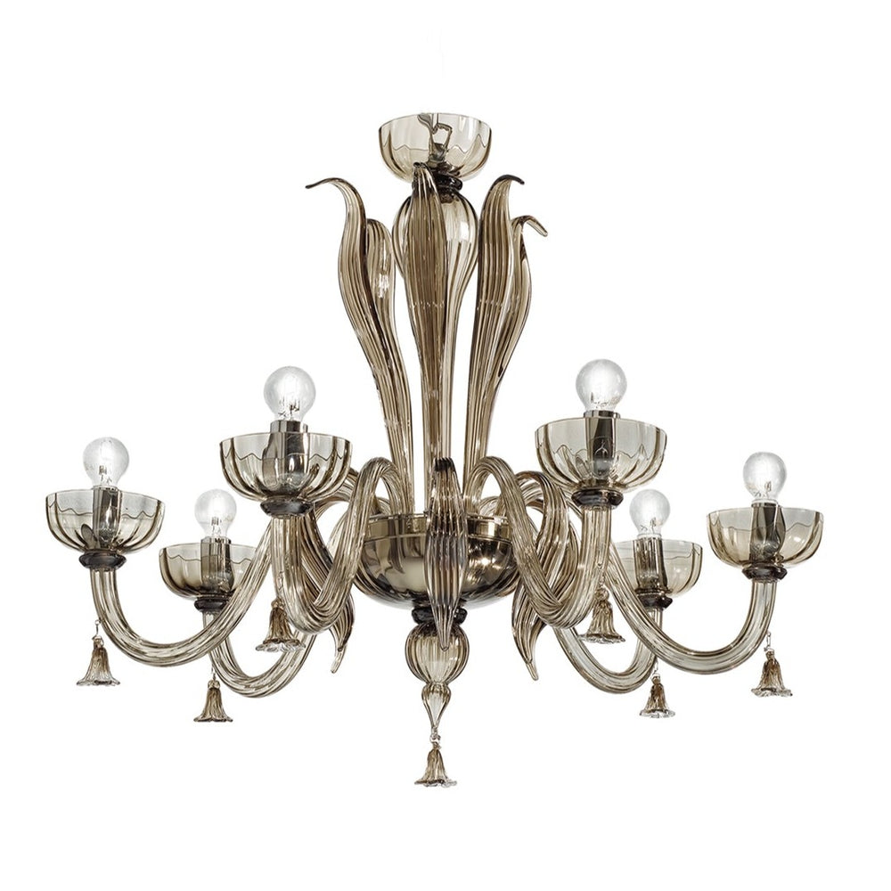 Hand-Blown Elaborate Single-Tier Fine Italian Ceiling Pendant Chandelier With Six Shade And Murano Glass