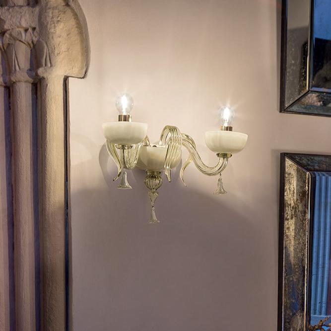 Hand-Blown Elaborate Fine Italian Ceiling Pendant Chandelier Wall Lamp With Two Shades And Murano Glass