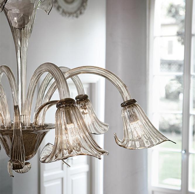 Handcrafted Sophisticated Small Fine Italian Ceiling Pendant Chandelier With Eight Shades And Murano Glass