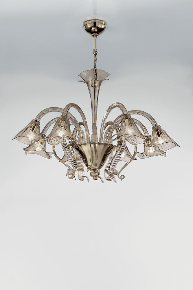 Handcrafted Sophisticated Small Fine Italian Ceiling Pendant Chandelier With Eight Shades And Murano Glass