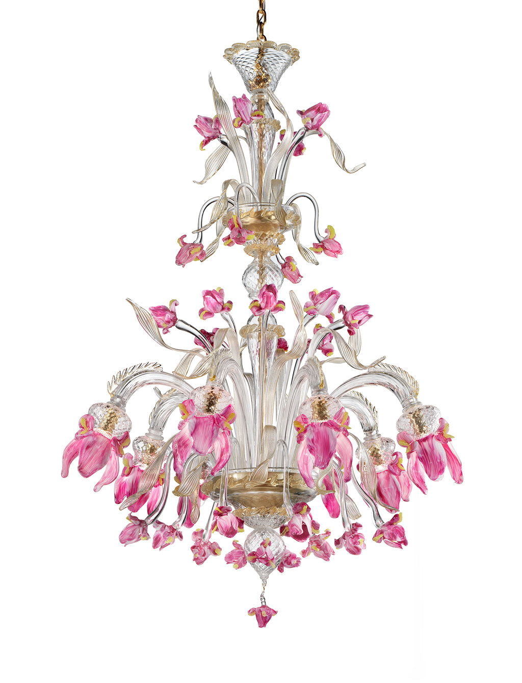 8 Arm Pink & Clear  Murano Glass Chandelier With Gold Decoration