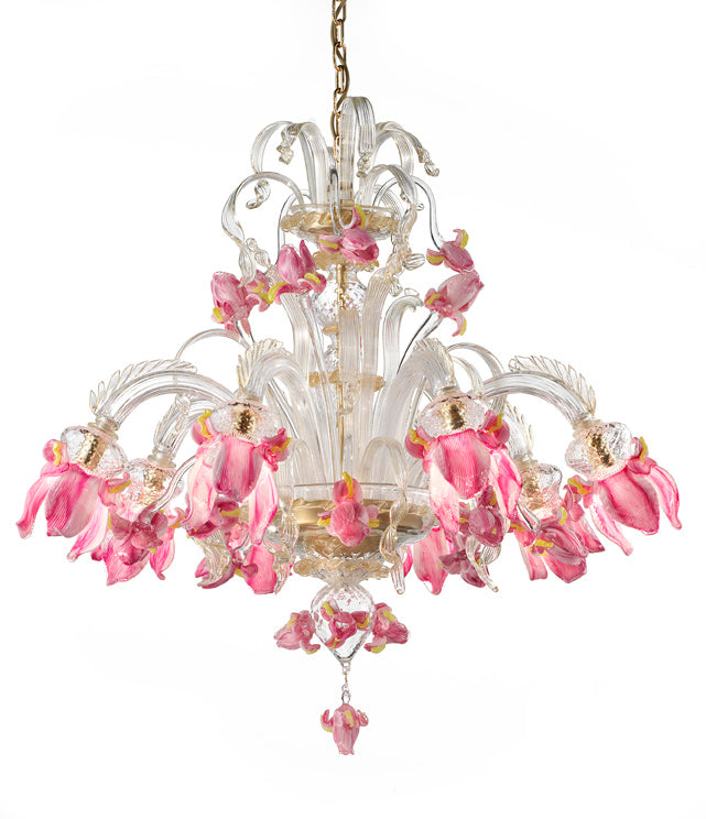 8 Arm Pink & Clear  Murano Glass Chandelier With Gold Decoration