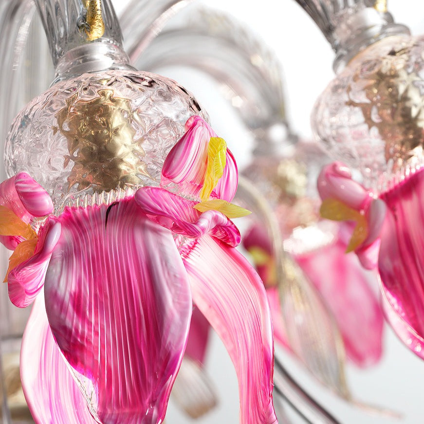 8 Arm Pink & Clear  Murano Glass Chandelier With Gold Decoration