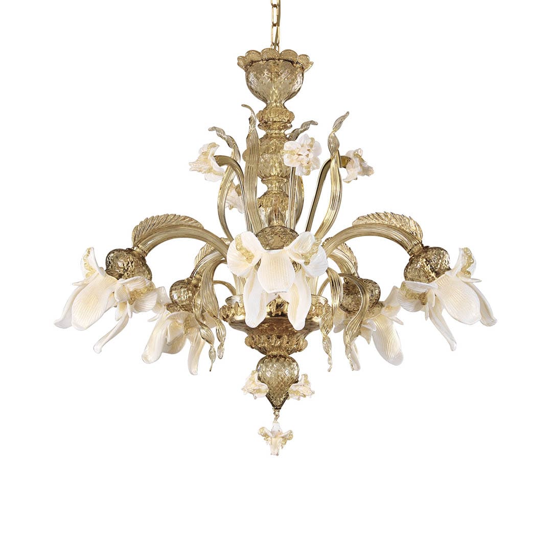 5 Lights Murano Glass Chandelier with Straw and Gold Accents