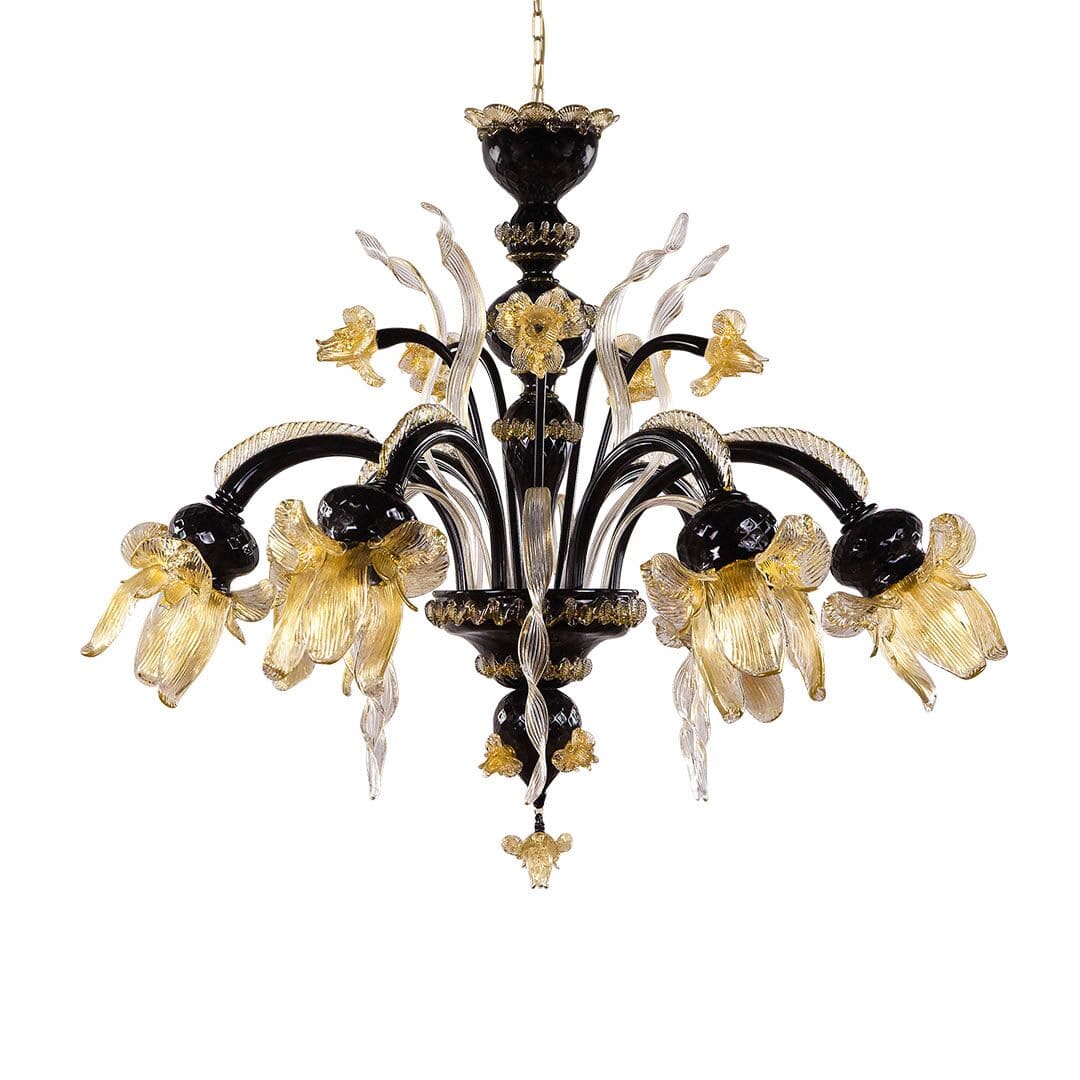 Black and Gold Art Glass Chandelier with 6 Lights