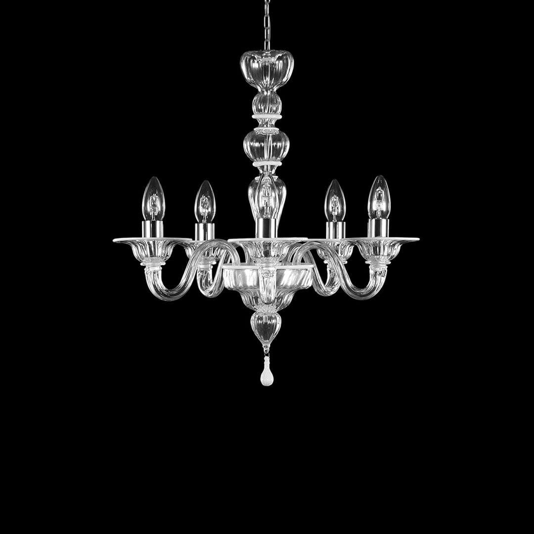 5 Lights Clear Murano Glass Chandelier with White Accents