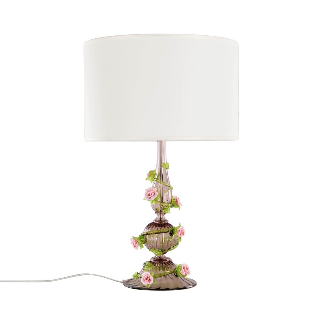 Artistic Glass Table Lamp with Amethyst Base and Pink Floral Details