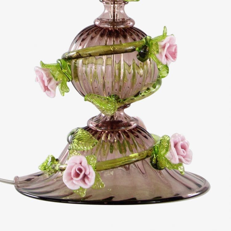 Artistic Glass Table Lamp with Amethyst Base and Pink Floral Details