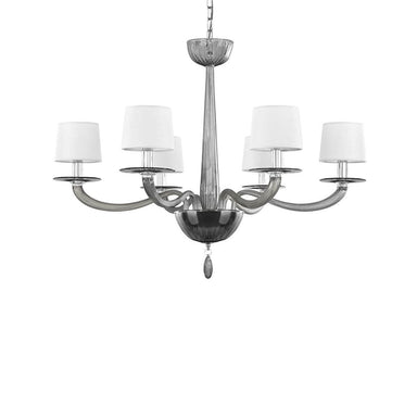 6 Light Smoke Grey Murano Glass Chandelier with White Lampshades