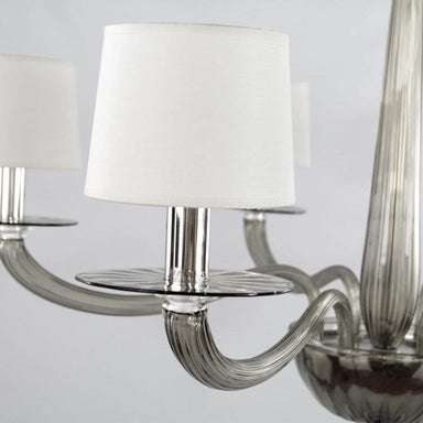 6 Light Smoke Grey Murano Glass Chandelier with White Lampshades