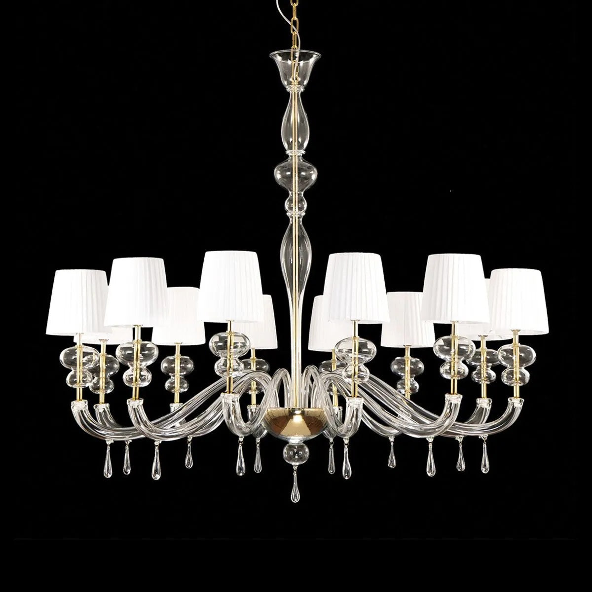 Multi Tier Grey Glass Chandelier with Black Lampshades