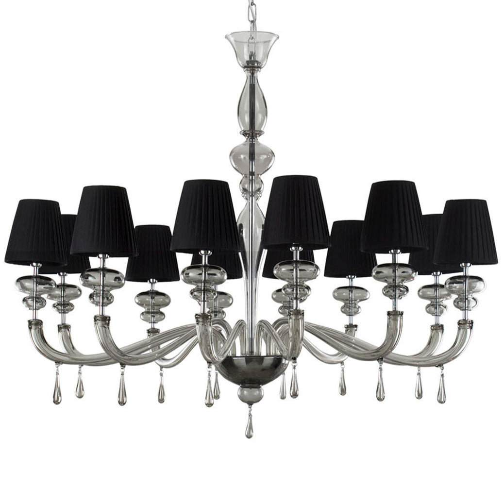 Multi Tier Grey Glass Chandelier with Black Lampshades