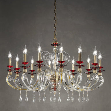 Large 12 Arm Clear Chandelier With Red Cups & Crystals