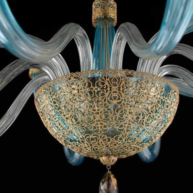 Luxury Blue Glass Chandelier With Ornate Brass Detailing