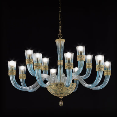 Luxury Blue Glass Chandelier With Ornate Brass Detailing