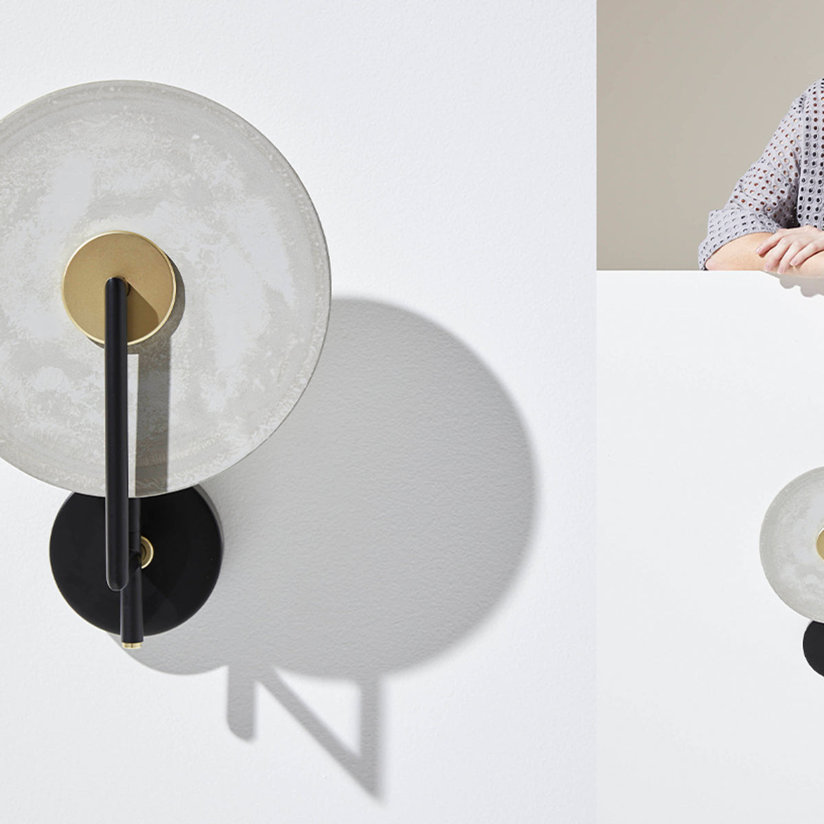 Modern black steel and alabaster disc wall light