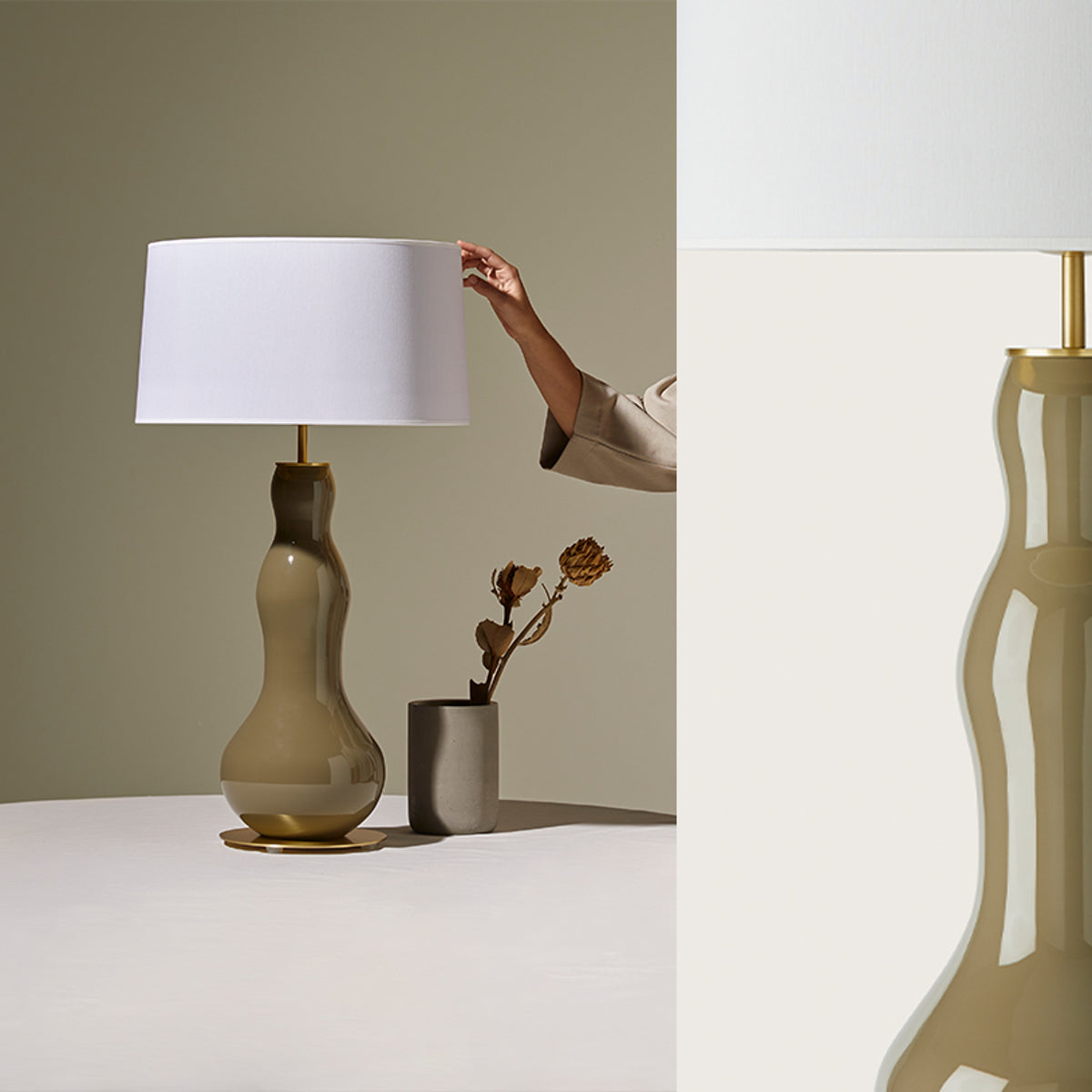 Modern khaki glass table lamp with white shade