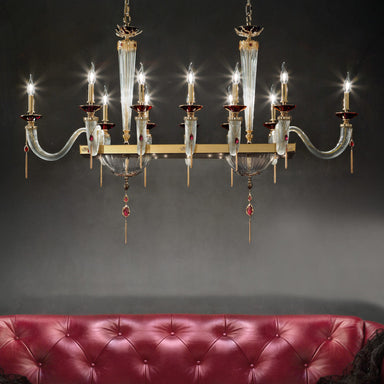 Neoclassical Dining Table Chandelier With 12 Arms & Red Crystal Details