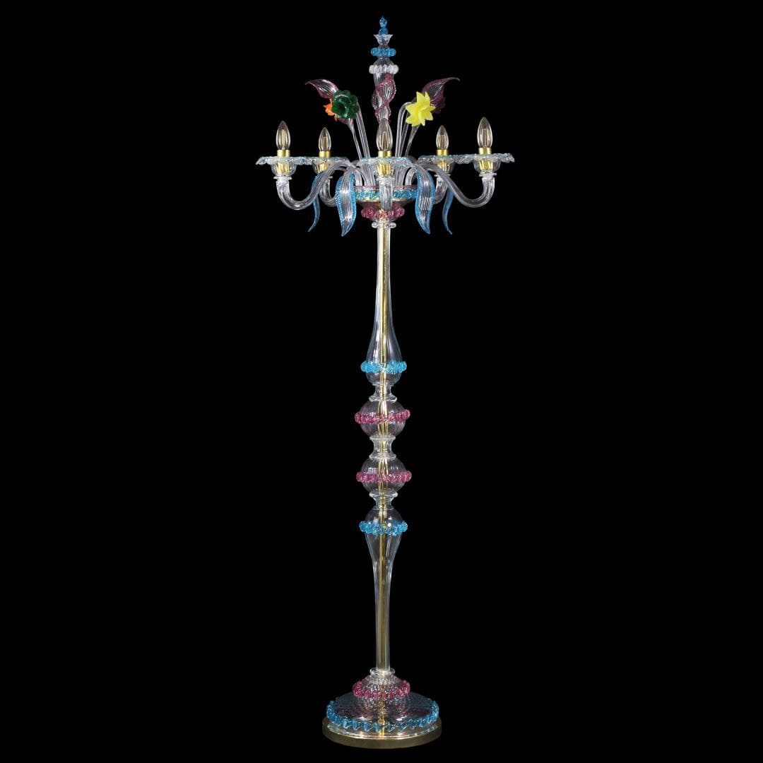 5 Lights Floor Lamp in Venetian Crystal with Ruby and Polychrome Finish