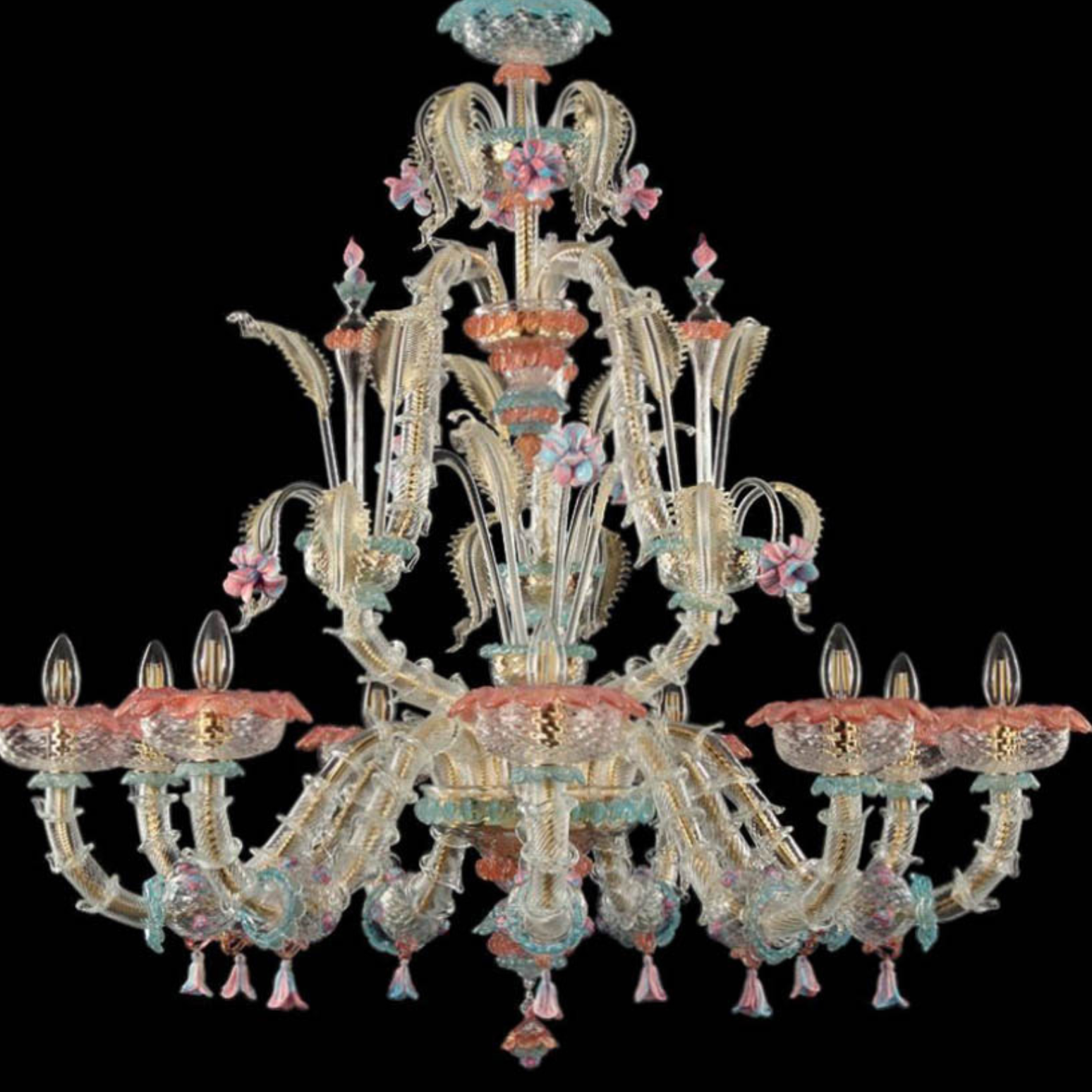 Pink, Blue & Gold Floral Murano Glass Rezzonico Chandelier
