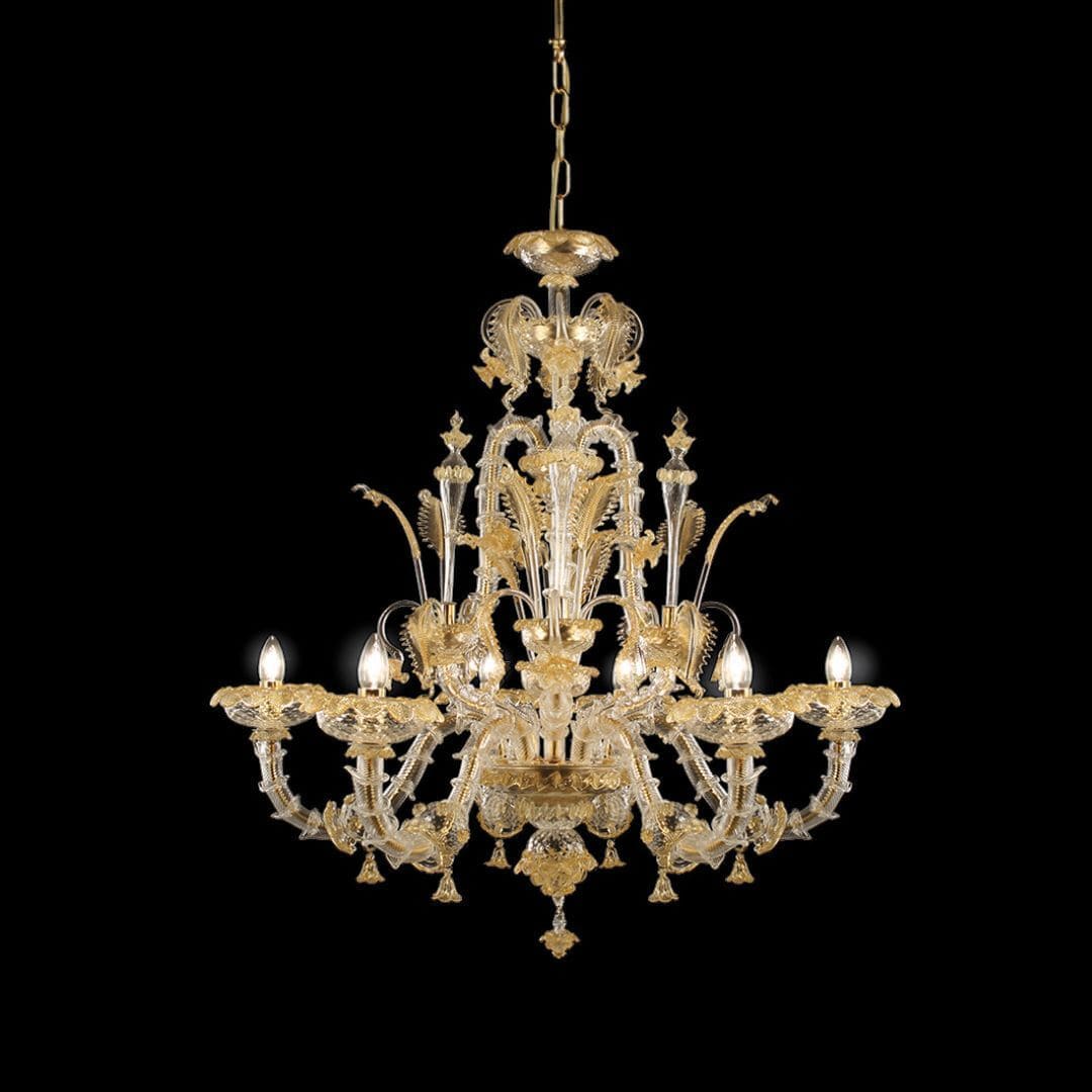 6 Lights Rezzonico Chandelier in Crystal and Amber Murano Glass