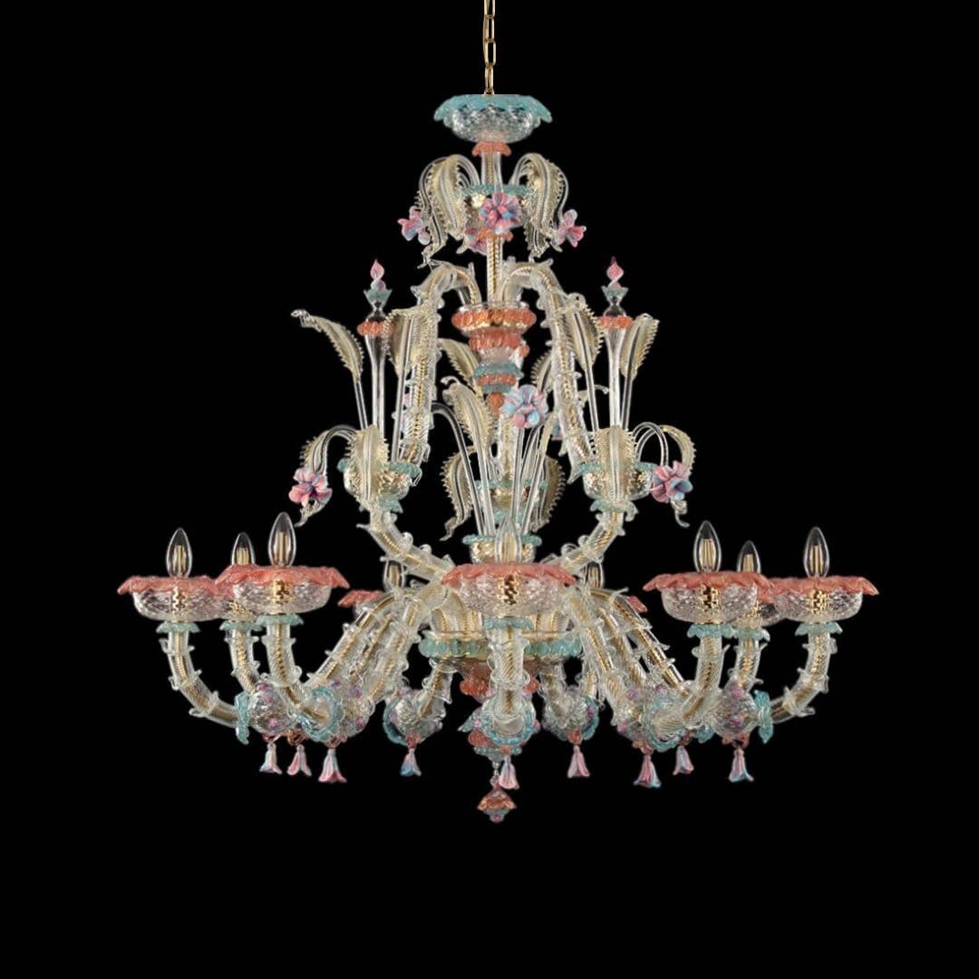 Rezzonico 9 Lights Murano Glass Chandelier with Gold and Floral Details