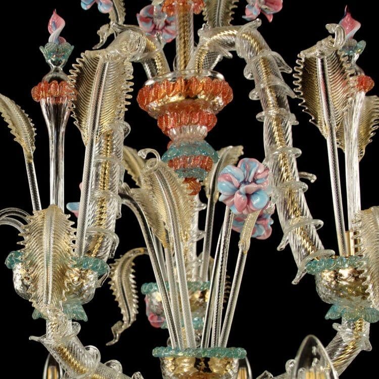 Rezzonico 9 Lights Murano Glass Chandelier with Gold and Floral Details