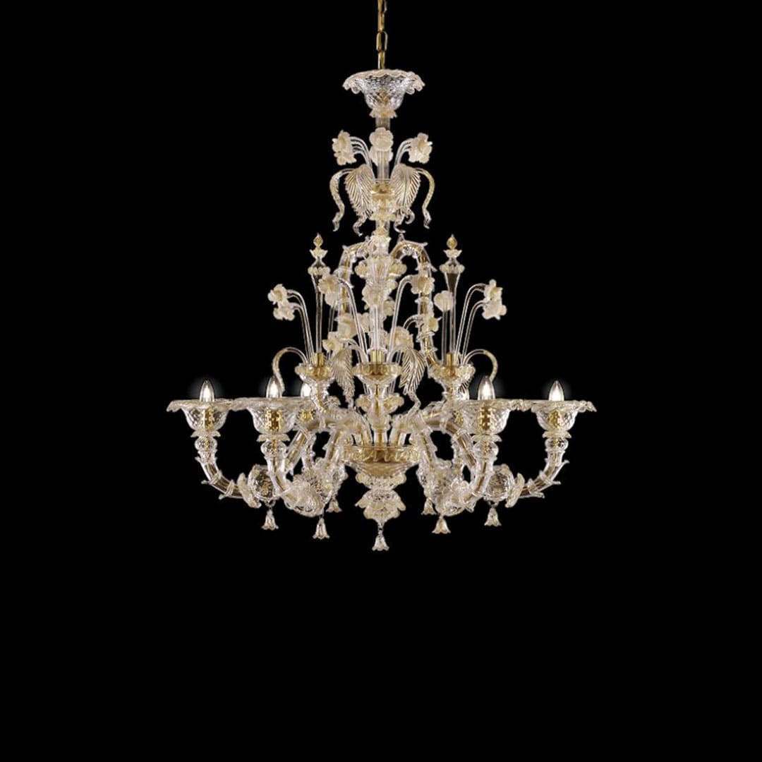 6 Lights Rezzonico Style Murano Glass Chandelier with Gold Details