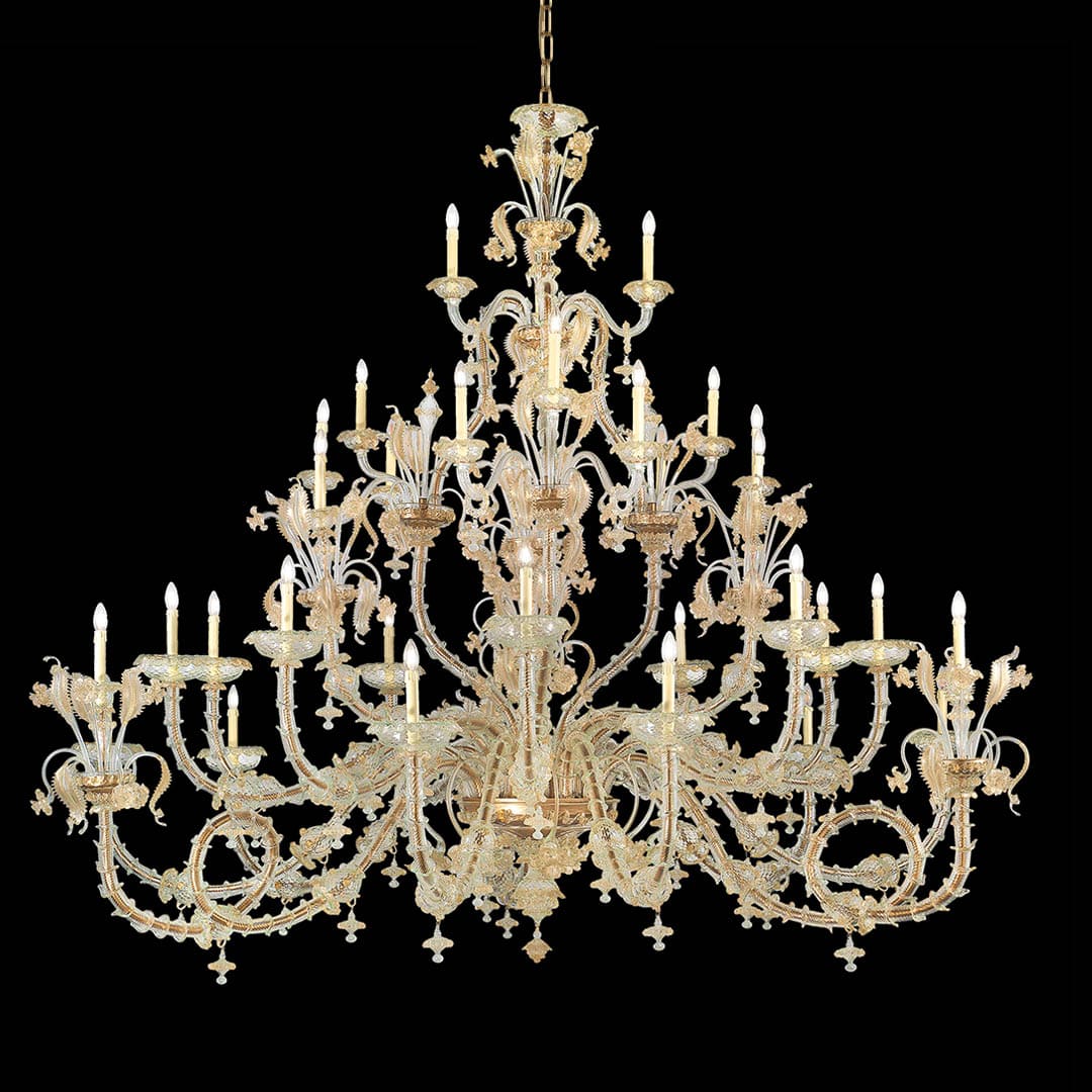 Rezzonico Style Chandelier with 18+9+6 Lights in Crystal and Gold Murano Glass