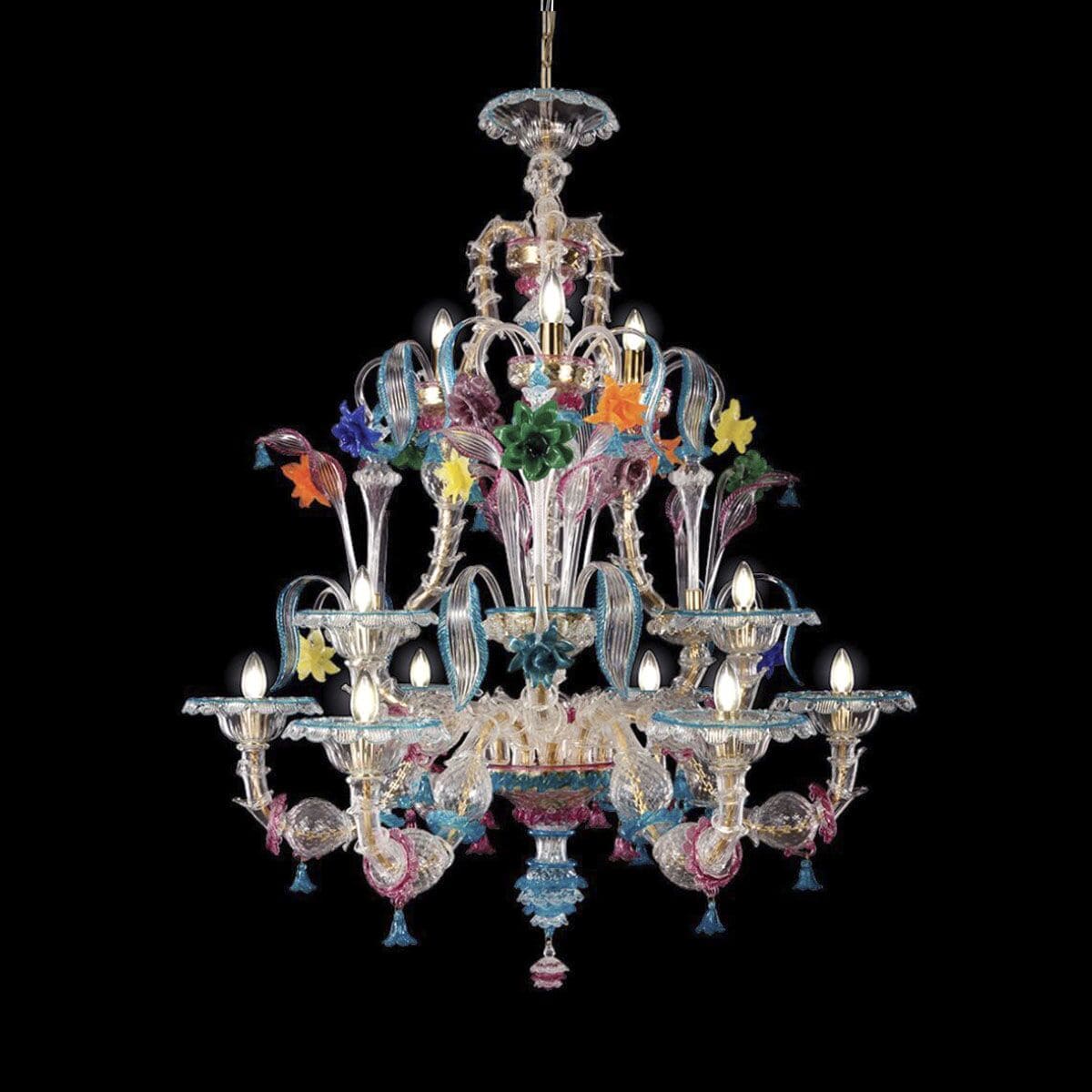 6+3+3 Lights Rezzonico Chandelier with Ruby and Light Blue Finish