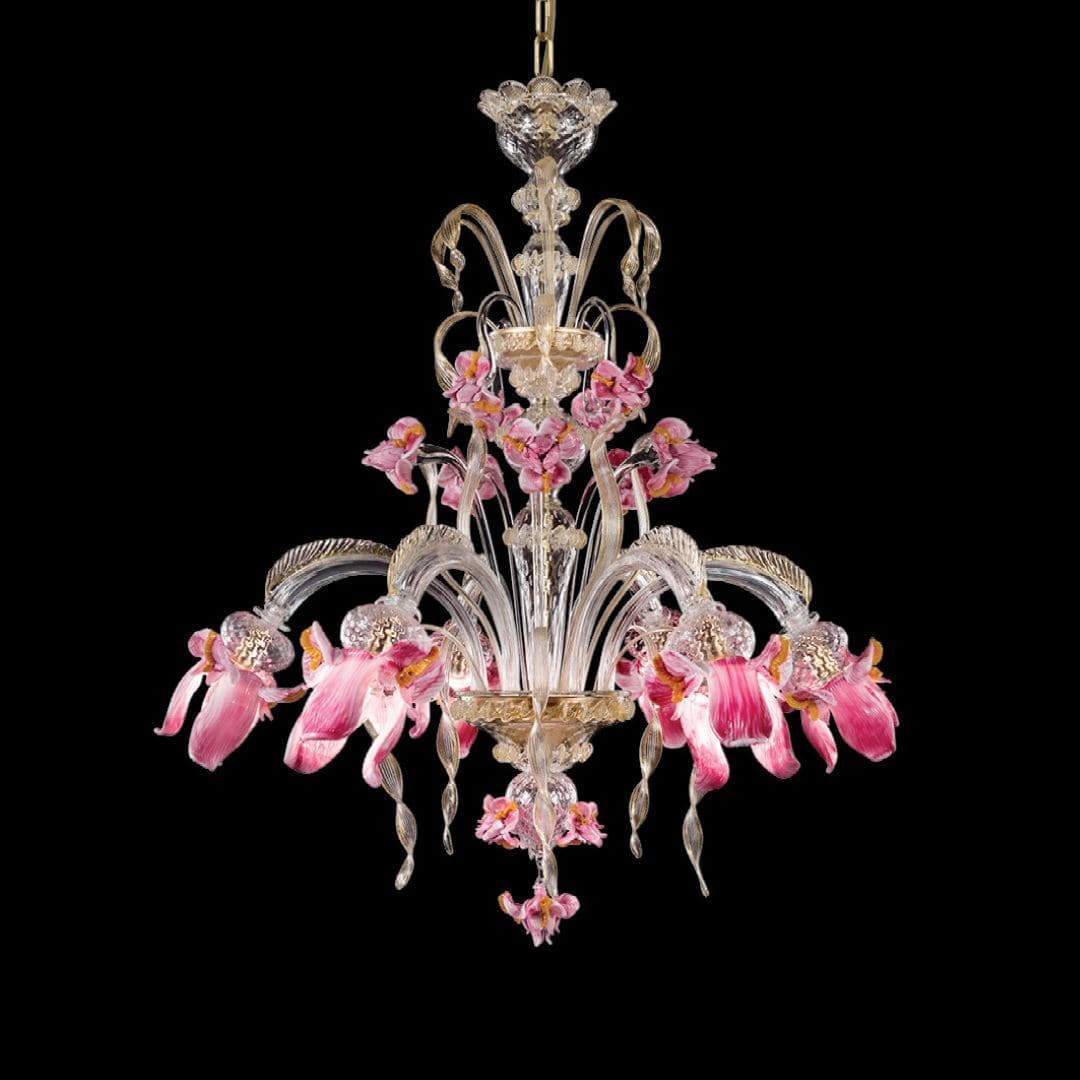 Murano Glass Chandelier with 6 Lights, Crystal, Gold, and Pink