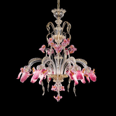 Murano Glass Chandelier with 6 Light, Clear, Gold, and Pink