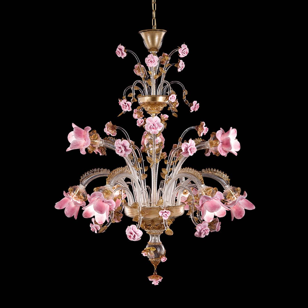 Artistic Glass Chandelier 6+3 Lights with Floral Pink Glass Elements