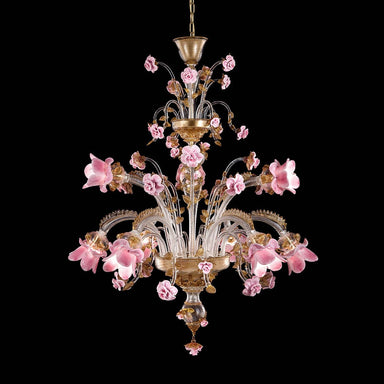 Venetian 2 Tier Glass Chandelier With Floral Pink Glass Elements