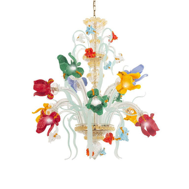 12 Light Chandelier with Polychrome Glass Decorations