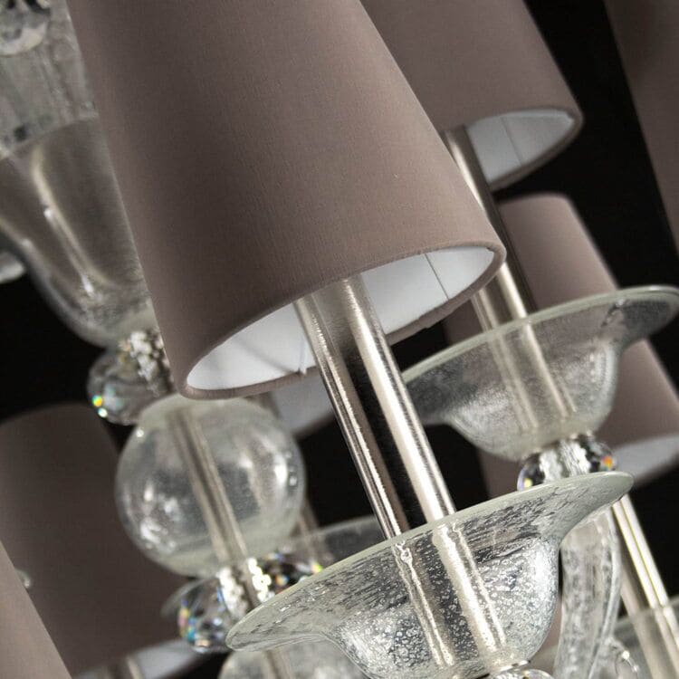 15 Lights Silver Leaf Chandelier with Dove-Coloured Lampshades