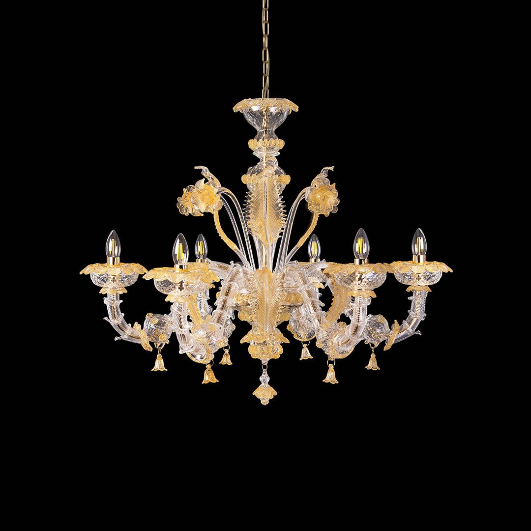 6 Lights Classic Rezzonico Style Crystal and Amber Murano Glass Chandelier