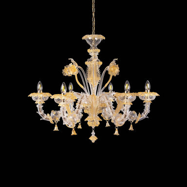 6 Light Classic Rezzonico Style Crystal and Amber Murano Glass Chandelier